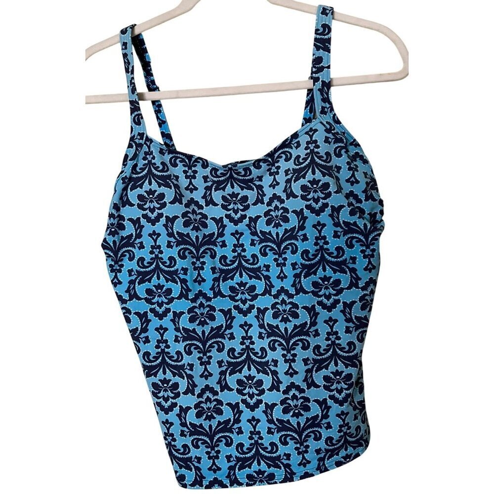 Lands End  Tankini Top Blue & Navy‎ Damask Print Vacation Beach Tropical